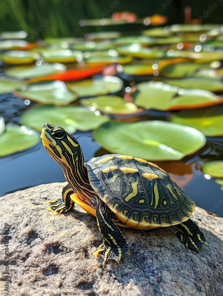 Colorful turtle basking on rock by serene lily pond Colorful turtle basking on rock by serene lily pond