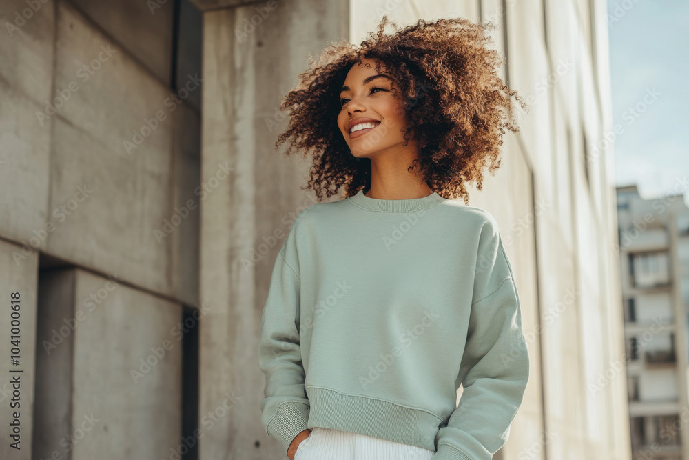 Black afro american woman wearing a light green mockup oversized crewneck blank sweatshirt in front of a concrete wall in the street Black afro american woman wearing a light green mockup oversized crewneck blank sweatshirt in front of a concrete wall in the street