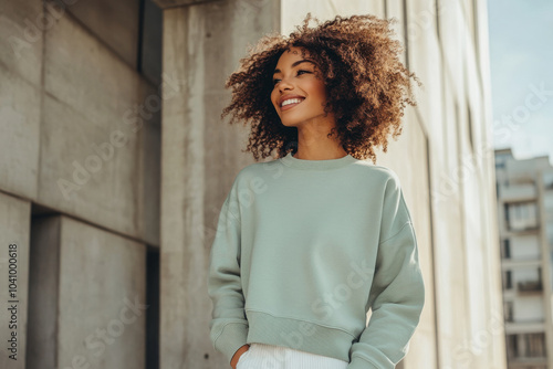 Black afro american woman wearing a light green mockup oversized crewneck blank sweatshirt in front of a concrete wall in the street