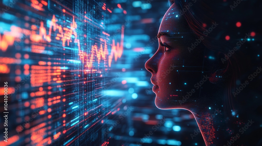 Side profile of a futuristic stock head with glowing lines and immersive HUD screen showing stock graphs and numbers, digital future, financial technology Side profile of a futuristic stock head with glowing lines and immersive HUD screen showing stock graphs and numbers, digital future, financial technology