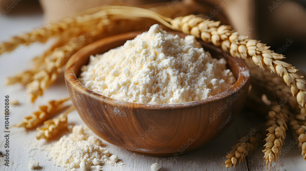 Wheat Flour in a Wooden Bowl with an Ear of Wheat on a Rustic Table, Symbolizing Traditional Baking Ingredients and the Connection to Agriculture and Natural Foods.
Wheat Flour in a Wooden Bowl with an Ear of Wheat on a Rustic Table, Symbolizing Traditional Baking Ingredients and the Connection to Agriculture and Natural Foods.