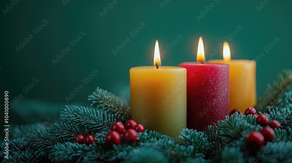 Three lit candles creating a warm christmas ambiance Three lit candles creating a warm christmas ambiance