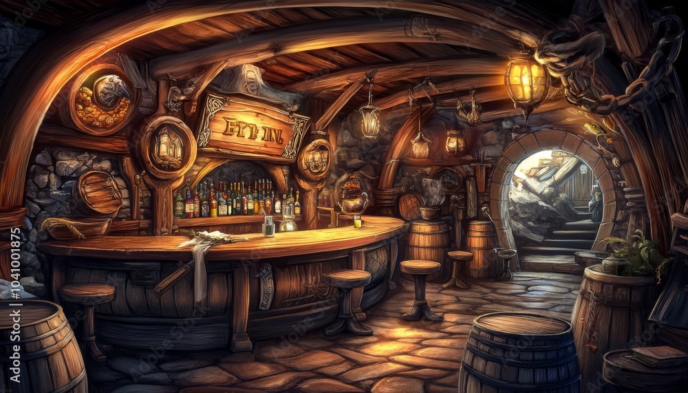 Obraz premium Vividly depicted ale barrels showcasing a hearty fantasy setting