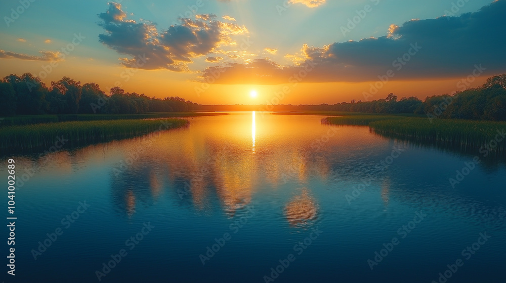 Fototapeta premium A serene sunset over a calm lake with a reflection of the sun in the water.