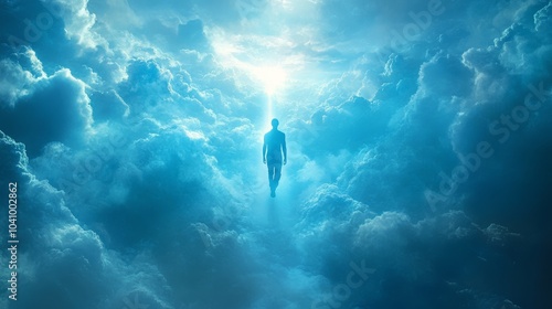 Spiritual figure ascending through radiant clouds, beams of light guiding the way, concept of eternal life and splendor, heavenly journey photo