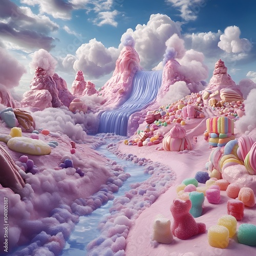 Magical Dessert Landscape with Swirling Cotton Candy Clouds and Chocolate Waterfall photo