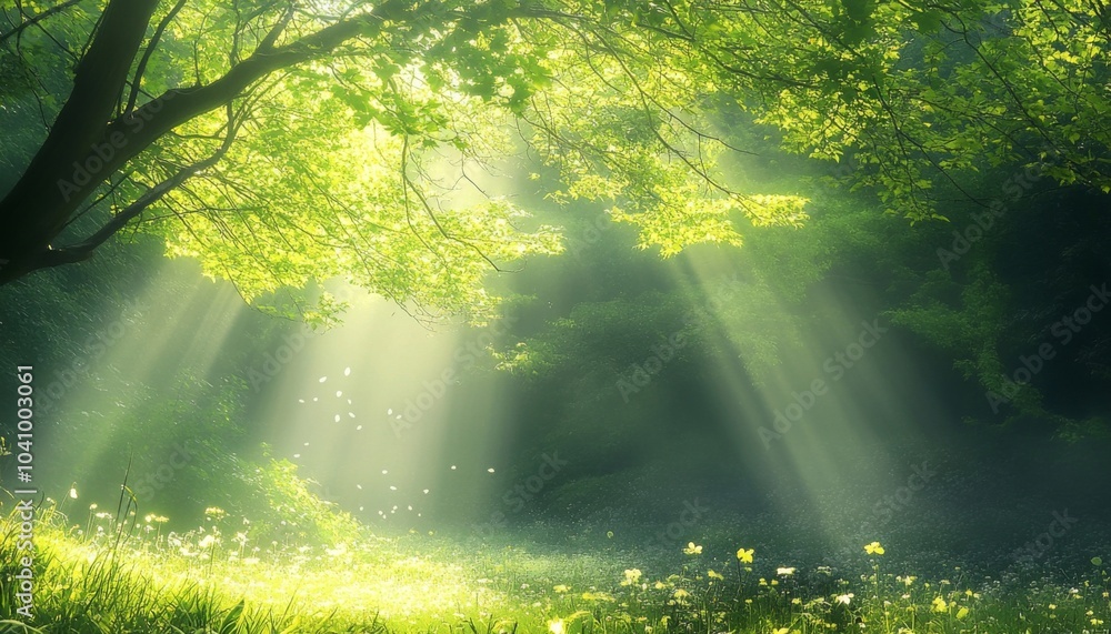 Sunlit forest serenity providing a calming retreat. Sunlit forest serenity providing a calming retreat.