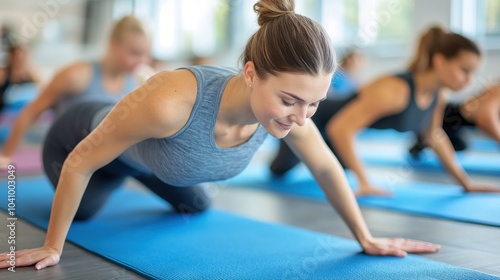 Woman practicing yoga on mat in fitness studio, focused and engaged.