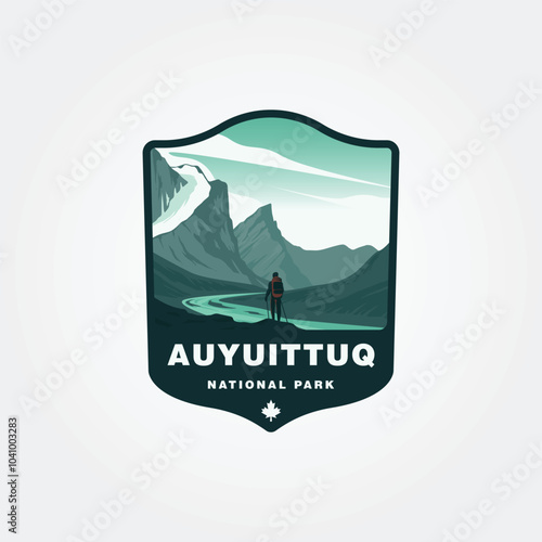 Auyuittuq National Park vintage travel logo patch design, valley outdoor view logo.