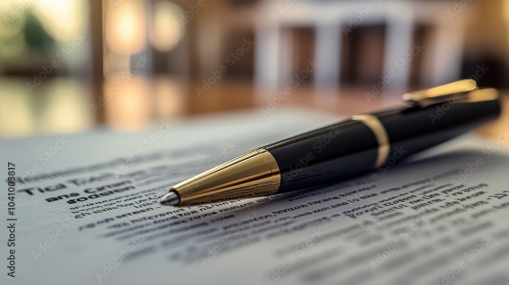 Close-up of a pen on top of a lender's title insurance policy, with a stylish interior softly blurred in the backdrop Close-up of a pen on top of a lender's title insurance policy, with a stylish interior softly blurred in the backdrop