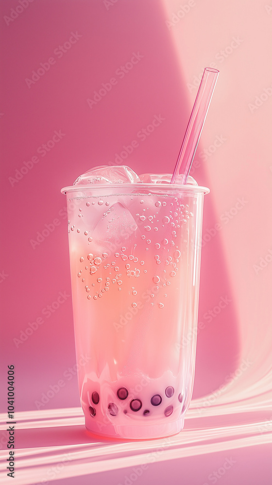 Pink Bubble Tea with Ice in Transparent Cup Pink Bubble Tea with Ice in Transparent Cup