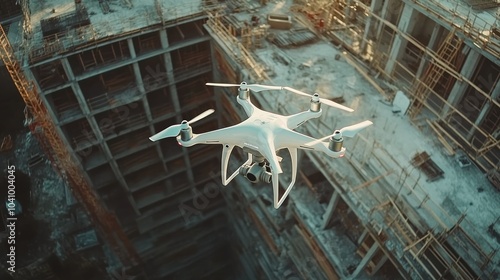 A drone flying over a construction site, capturing aerial footage of the development. photo