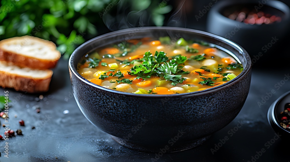 A bowl of steaming vegetable soup with white beans, carrots, celery, and parsley.