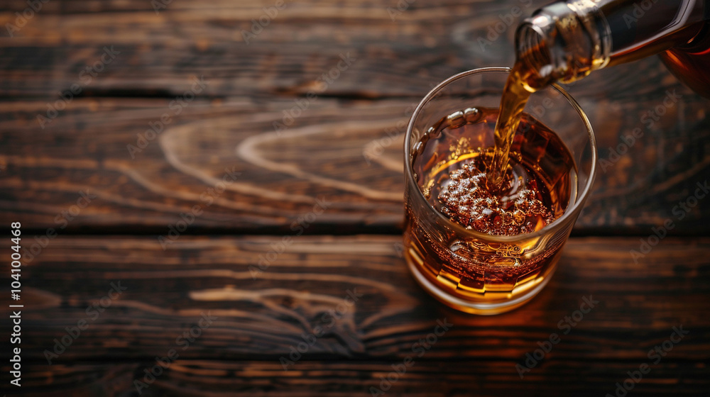 Close up of whiskey poured into glass from bottle in table background Close up of whiskey poured into glass from bottle in table background
