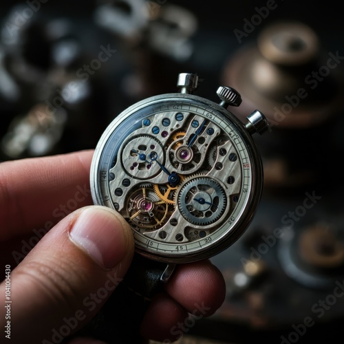 Intricate skeleton watch, exposed mechanical movement, gears and springs visible, luxury timepiece, hand-held, close-up photography, dark background, horological engineering, steampunk aesthetic, prec photo