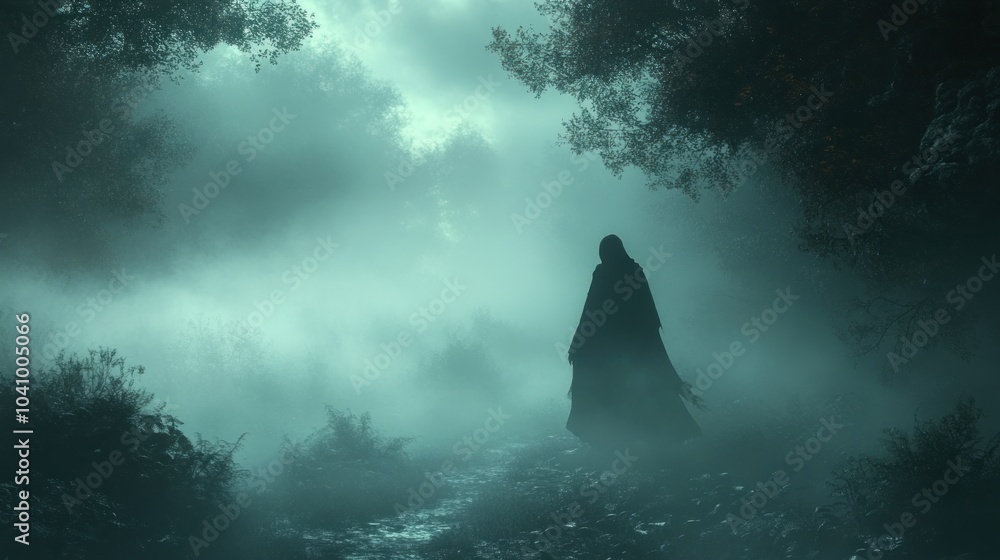 A shadowy figure walking through a misty forest path. A shadowy figure walking through a misty forest path.