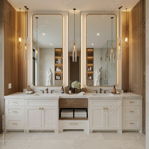 Luxurious bathroom vanity, double sinks, large mirrors with rounded corners, pendant lights, textured wallpaper, warm lighting, modern elegant design, marble countertop, white cabinets, minimalist dec