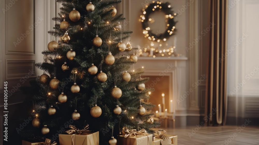 Decorated Christmas Tree with Gold Ornaments and Gifts Decorated Christmas Tree with Gold Ornaments and Gifts