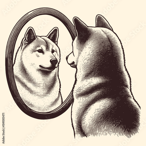 A Cute Shiba Inu Dog Is Looking In The Mirror In Engraving Style