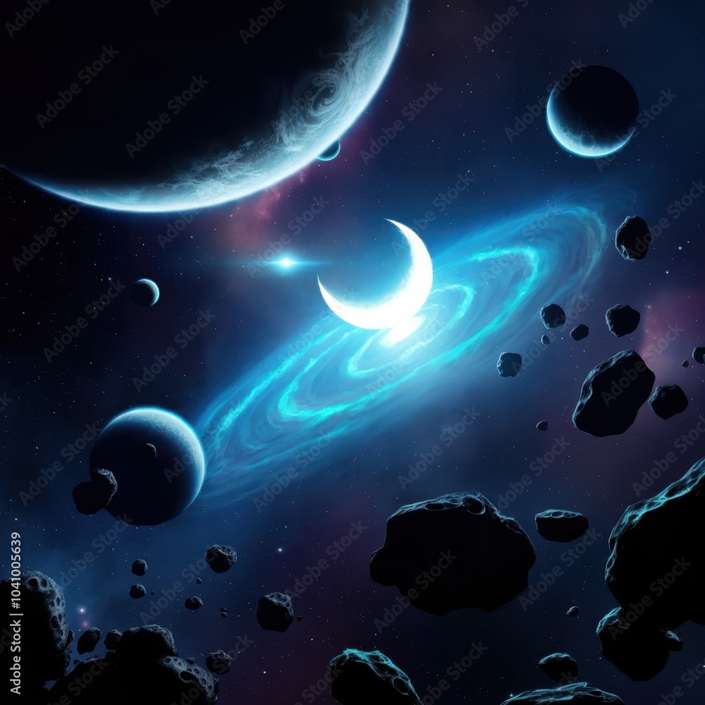 Naklejka premium Space scene, multiple planets, blue crescent moons, asteroid field, nebula, starlight, cosmic dust, celestial bodies, deep space, high contrast, dramatic lighting, sci-fi aesthetic, digital art, ultra