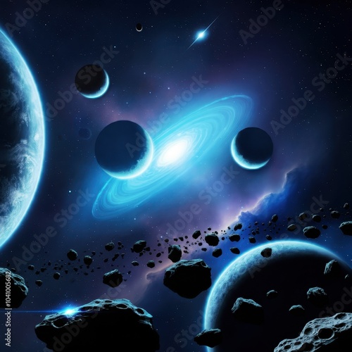 Space scene, multiple planets, blue crescent moons, asteroid field, nebula, starlight, cosmic dust, celestial bodies, deep space, high contrast, dramatic lighting, sci-fi aesthetic, digital art, ultra