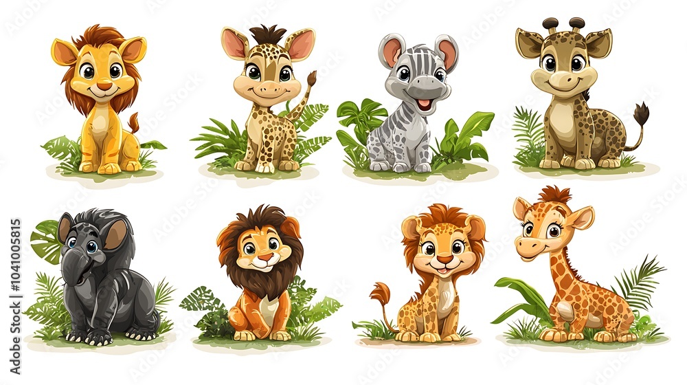 Fototapeta premium Adorable African Safari Animals: A charming collection of cartoon safari animals, including lions, giraffes, zebras, and an elephant, sitting amidst lush green foliage.