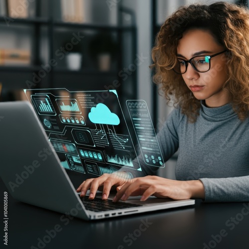 Woman with curly hair, working late at night, laptop, holographic data displays, futuristic office, blue tones, soft lighting, focused expression, technology interface, 3D charts and graphs, cloud com