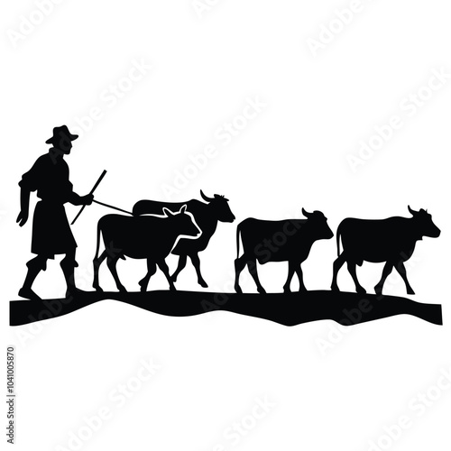 Shepherd and Cows Silhouette in the Field.