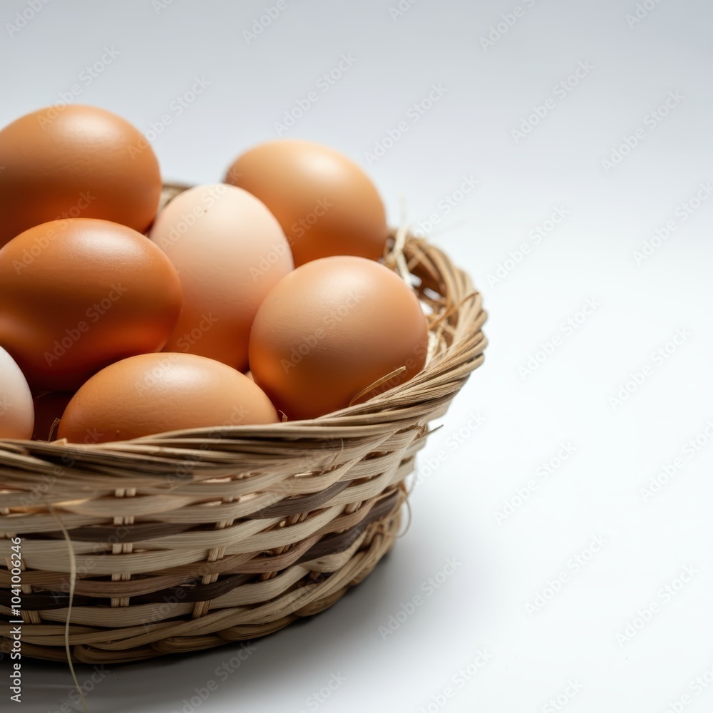 Macro photograph, woven basket, brown eggs, natural lighting, soft shadows, organic textures, simple composition, farm fresh, rustic charm, muted tones, high detail, studio setting, clean background, Macro photograph, woven basket, brown eggs, natural lighting, soft shadows, organic textures, simple composition, farm fresh, rustic charm, muted tones, high detail, studio setting, clean background,