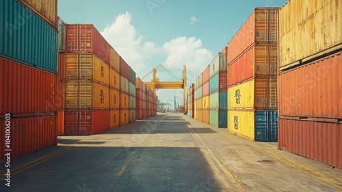 Wallpaper Mural Realistic depiction of orange logistic containers stacked at a bustling port, illustrating the vibrant colors of shipping operations, emphasizing efficiency and industry in a busy maritime environment Torontodigital.ca