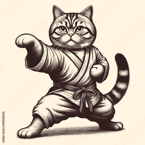 Hand Drawn Illustration Of A Cat In A Karate Outfit Posing In A Karate Pose