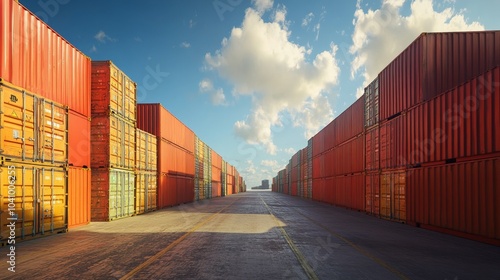 Wallpaper Mural Realistic depiction of orange logistic containers stacked at a bustling port, illustrating the vibrant colors of shipping operations, emphasizing efficiency and industry in a busy maritime environment Torontodigital.ca