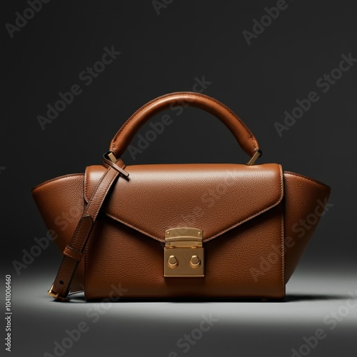 Luxurious leather handbag, vintage style, rich brown color, gold clasp, structured shape, top handle, dark moody background, dramatic lighting, professional product photography, elegant, high-end fash photo