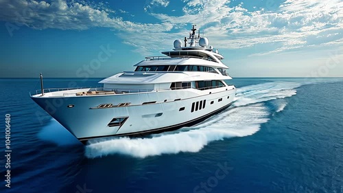 Large white yacht sailing on calm blue water with clouds above, generative ai