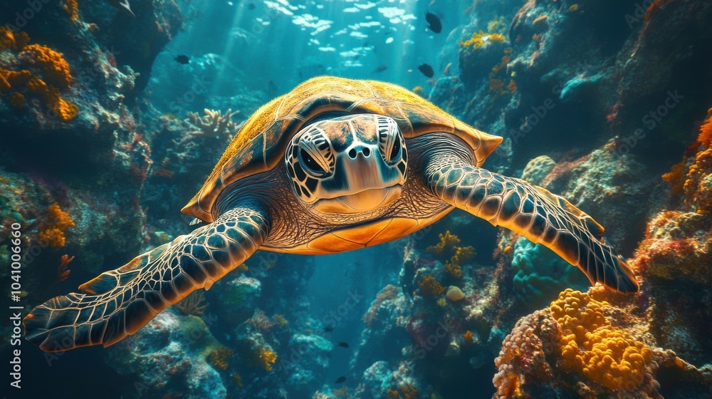 Obraz premium A sea turtle gliding through a vibrant coral reef underwater.
