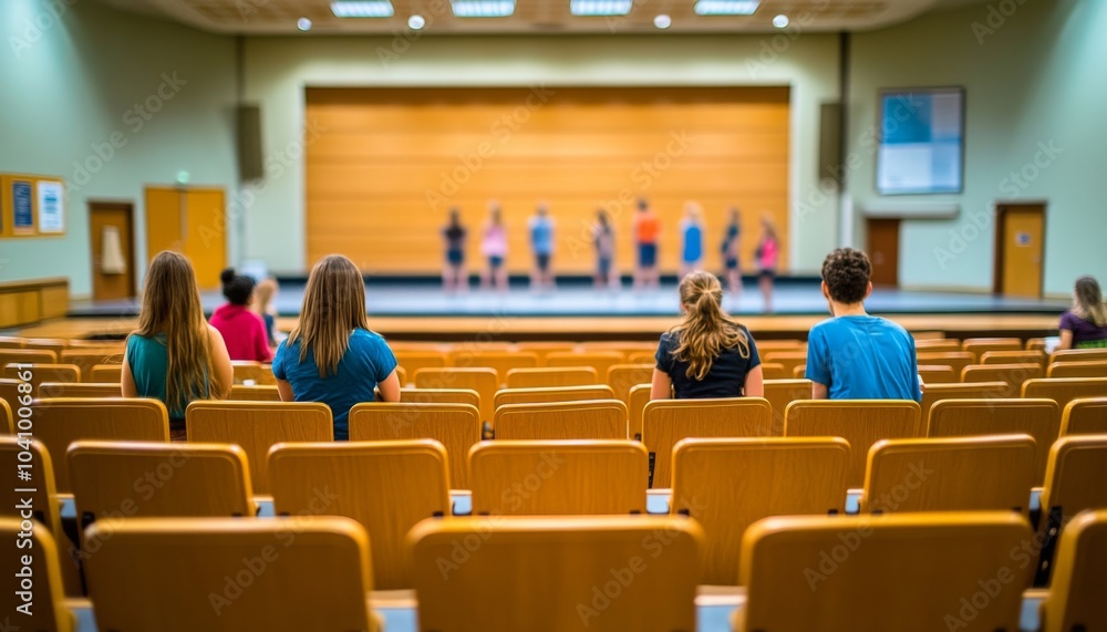 Students preparing for a performance in a blurred background. Students preparing for a performance in a blurred background.