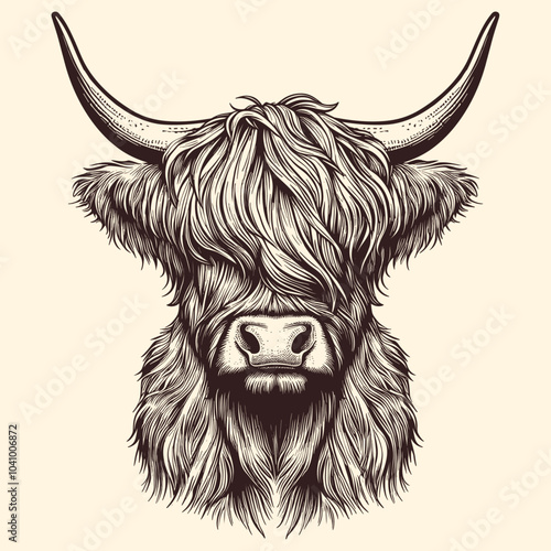 Hand Drawn Illustration Of A Portrait Of A Highland Cow In Engraving Style