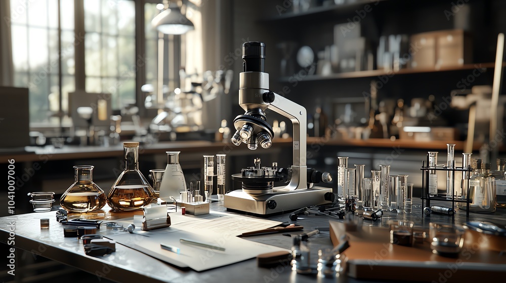 Microscopes and science equipment on a lab table, 3D illustration Microscopes and science equipment on a lab table, 3D illustration