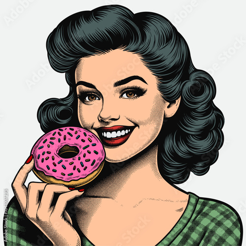 Hand Drawn Illustration Of A Retro Woman Eating Doughnut