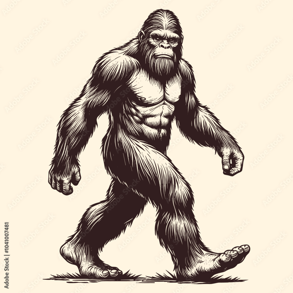 Obraz premium Hand Drawn Illustration Of A Sasquatch Bigfoot Walking In Engraving Style