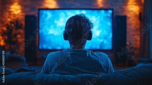 A young man wearing fashionable headphones sits comfortably in front of a large ultra-thin modern TV, gazing intently at the screen surrounded by fashionable modern decorations and vibrant colors.