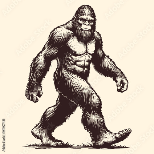 Hand Drawn Illustration Of A Sasquatch Bigfoot Walking In Engraving Style