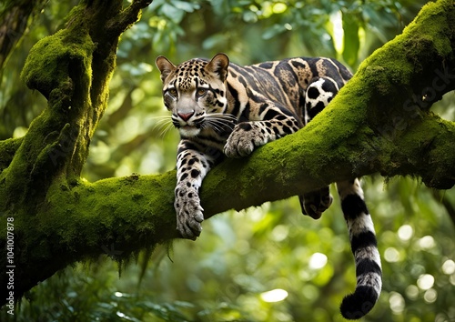 Clouded Leopard Resting on a Moss-Covered Branch in the Lush Rainforest of Southeast Asia.