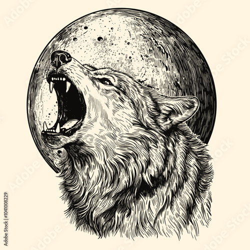 Hand Drawn Illustration Of A Wolf Howling At The Moon In Engraving Style