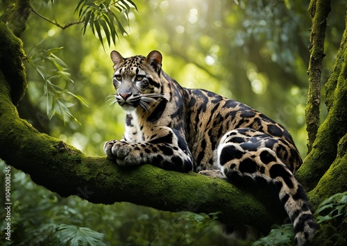 Clouded Leopard Resting on a Moss-Covered Branch in the Lush Rainforest of Southeast Asia. photo