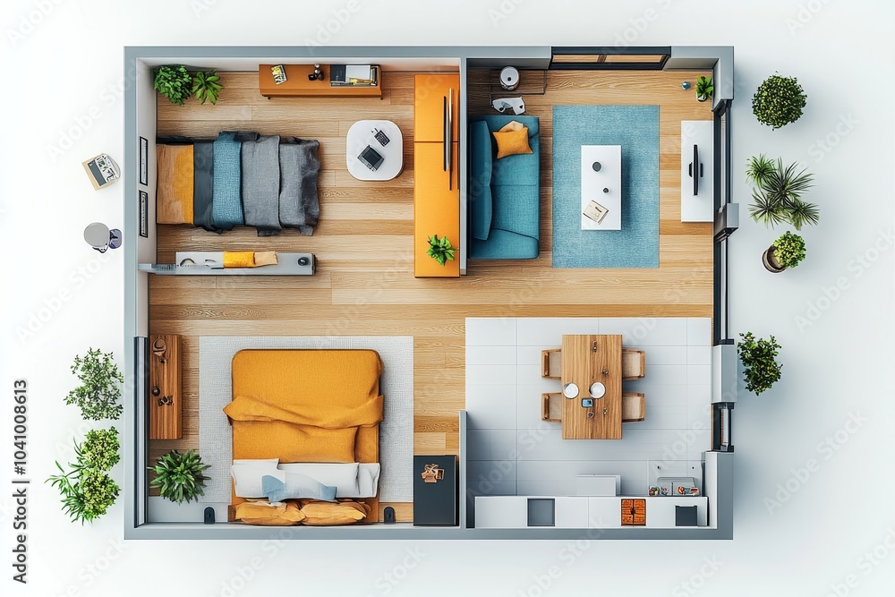 Home floor plan top view. Apartment interior isolated on white background. 3D render - Illustration, Generative AI Home floor plan top view. Apartment interior isolated on white background. 3D render - Illustration, Generative AI