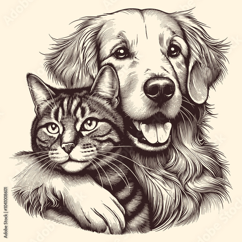 Illustration Of A Golden Retriever Dog Hugging Tabby Cat In Engraving Style