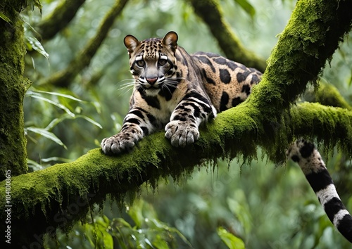 Clouded Leopard Resting on a Moss-Covered Branch in the Lush Rainforest of Southeast Asia.