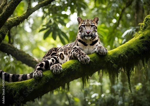 Clouded Leopard Resting on a Moss-Covered Branch in the Lush Rainforest of Southeast Asia. photo