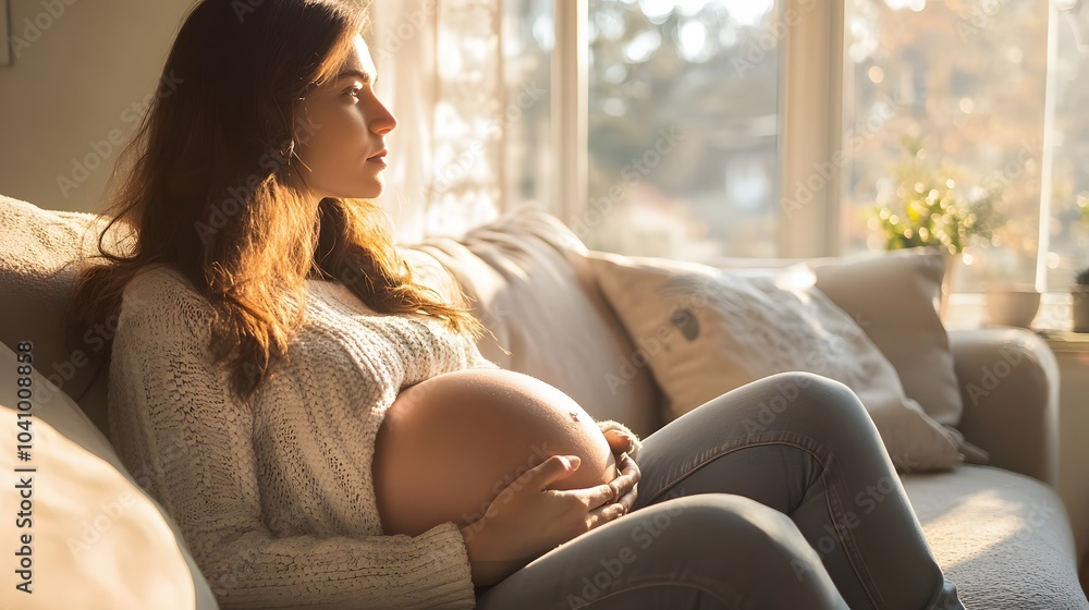 Young pregnant woman sitting on couch in living room. Young pregnant woman sitting on couch in living room.